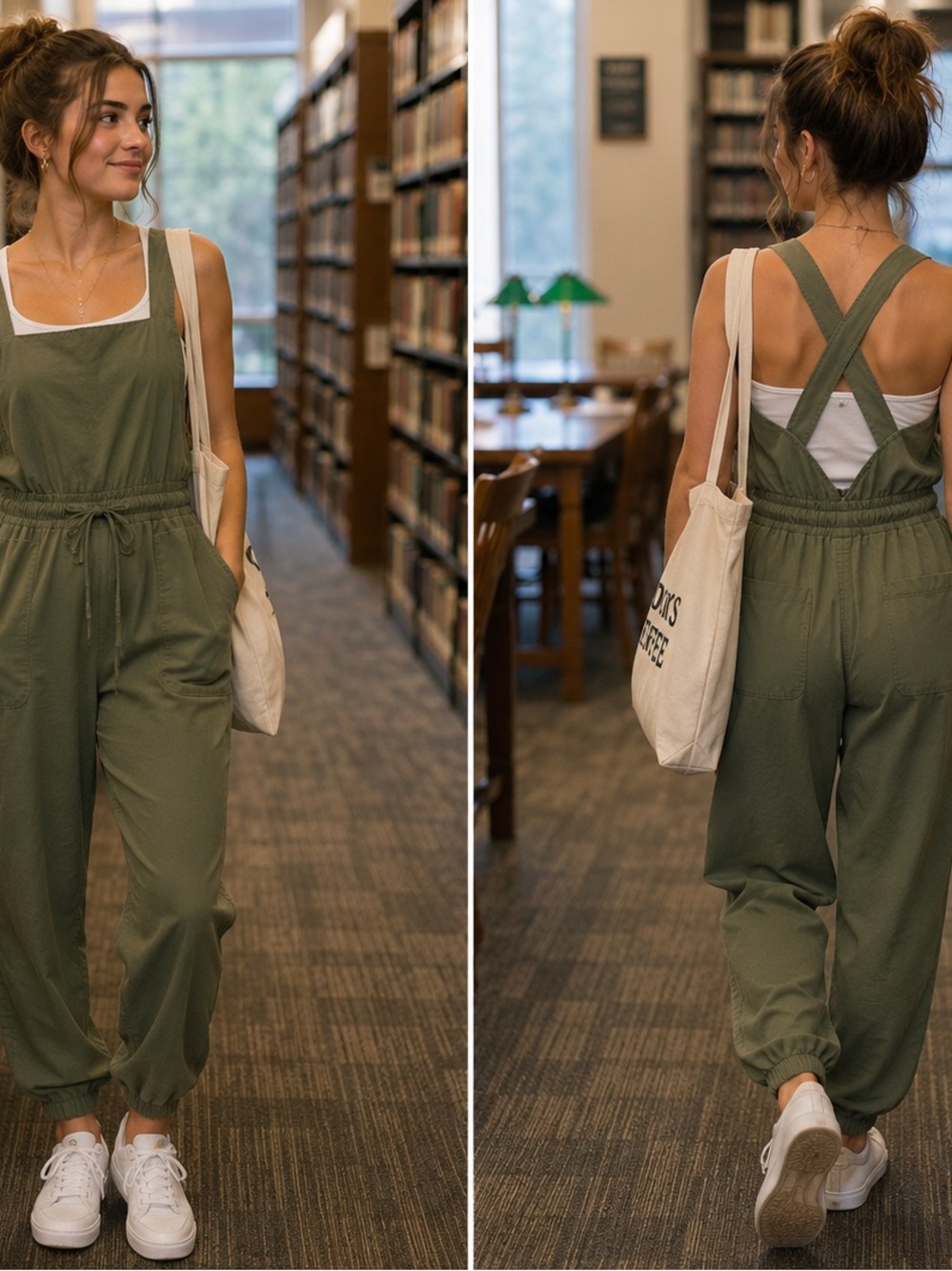 Olive Green Utility Jumpsuit Jogger One Piece Square Neck Cross Back Size M